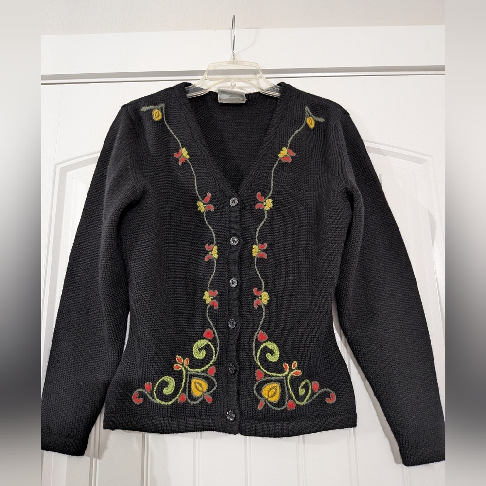 Laura Ashley Vintage Wool button down floral embroidered cardigan